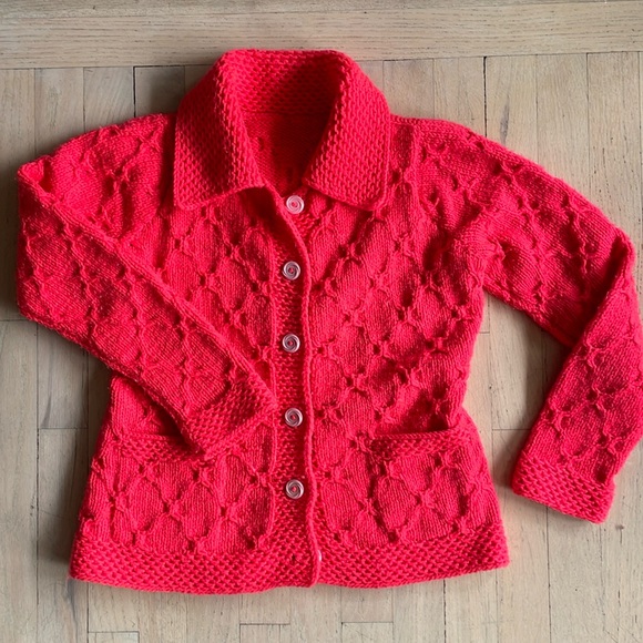 Vintage Sweaters - Vintage Vtg Handmade Knit Cardigan Sweater w/ Pockets Neon Coral Crochet